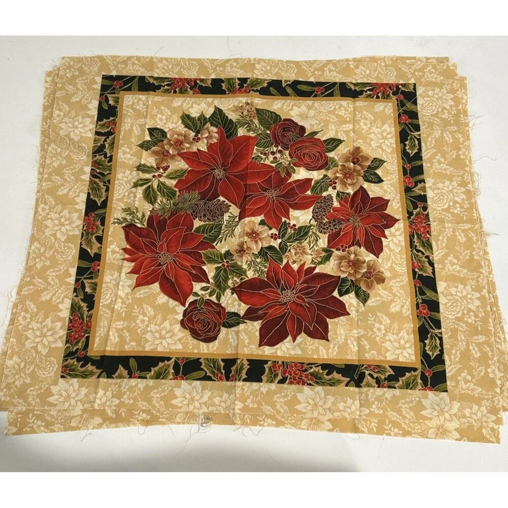 4 Christmas Poinsettia Pillow Cotton Quilting Fabric Panels Cut Out 20